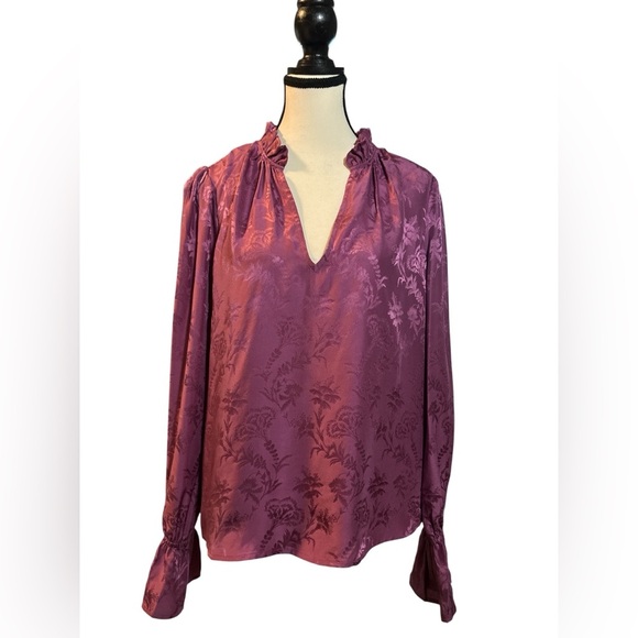 PAIGE Dusty Plum Silk Ruffle V-Neck Blouse - Picture 6 of 9